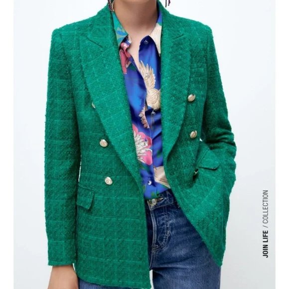 ZARA Balmain Style Double Breasted Blazer Textured Green - Picture 8 of 15